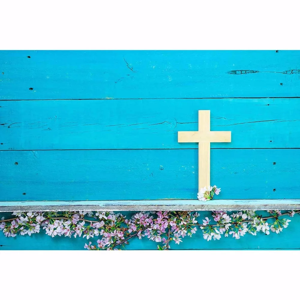 Фон для фотосъемки Funnytree с голубыми деревянными стенками и желтым крестом