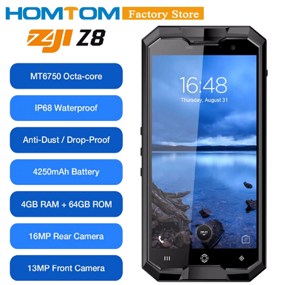 Смартфон 5 0 дюйма HOMTOM ZOJI Z8 IP68 мобильного телефона отпечатков пальцев 4G Android 7 4GB