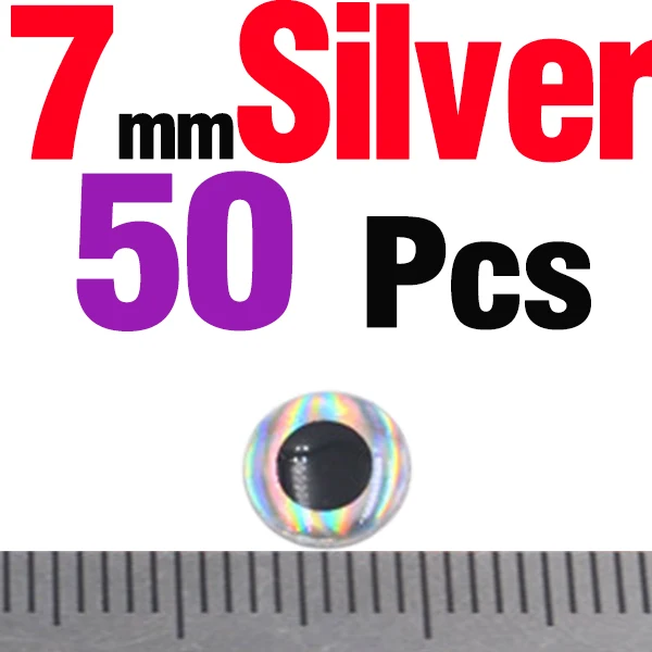 50PCS 7mm Silver MNFT 50 шт./лот, 3 мм, 4 мм, 5 мм, 7 мм, 9 мм, Chartreuse Eyes, 3D голографическая приманка для рыбалки, завязывающая глаза, приманки - Цвет: 50PCS 7mm Silver