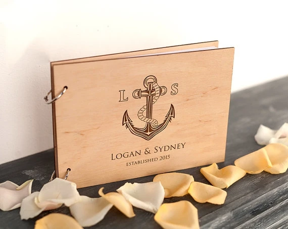 Rustic Anchor Wedding Guest Book,Custom Initials Wedding Photo Album Personalized Wood Guestbook For Anniversary Scrapbook