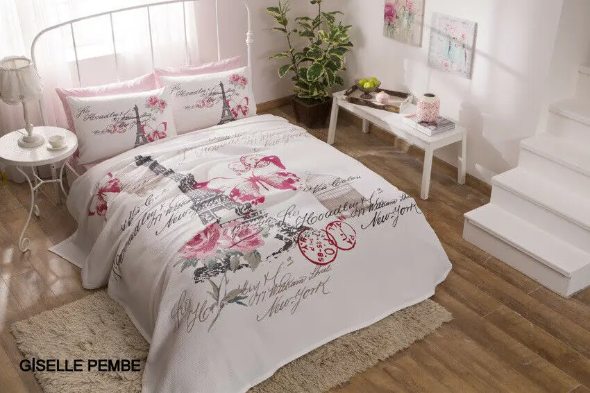 Double/Queen Paris Pink Cotton Bedding Quilted Bedspread/Coverlet Set 4Pc