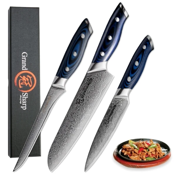 3 PCS SET Наборы дамасских кухонных ножей шеф-повара из японской стали, кухонные ножи vg10, профессиональные инструменты шеф-повара Santoku, лучший подарок, Новинка - Цвет: 3 PCS SET