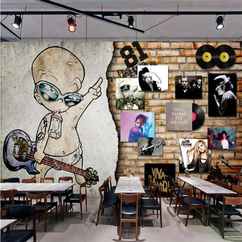 

European retro rock music record brick wall bar wall custom wallpaper mural decoration background