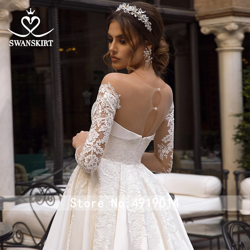 Swanskirt Fashion Appliques Satin A-Line Wedding Dress Vintage Long Sleeve Court Train Bridal Gown Vestido De Noiva TZ10