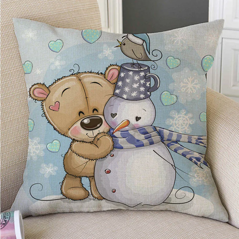 Adorable Cute Cartoon Teddy Bear Owl Snowman Christmas Decoration Cotton Linen Sofa Throw Pillow Cover Lovely Xmas Cushion | Дом и сад