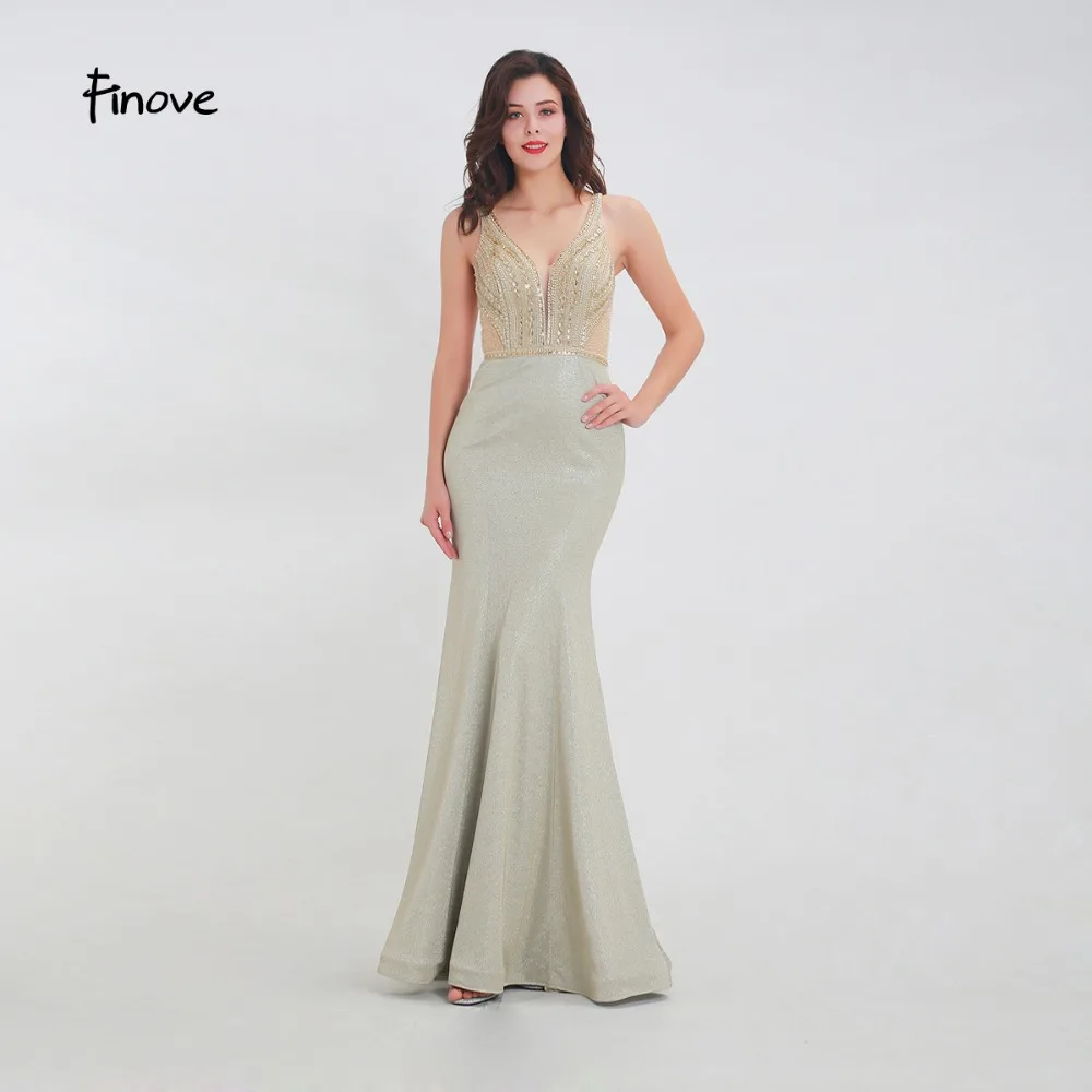 Finove Prom Dress 2020 Long New Reflective Sexy V Neck Beading Crystal See Through Back In Womenɽresses vestido de fiesta | Свадьбы и