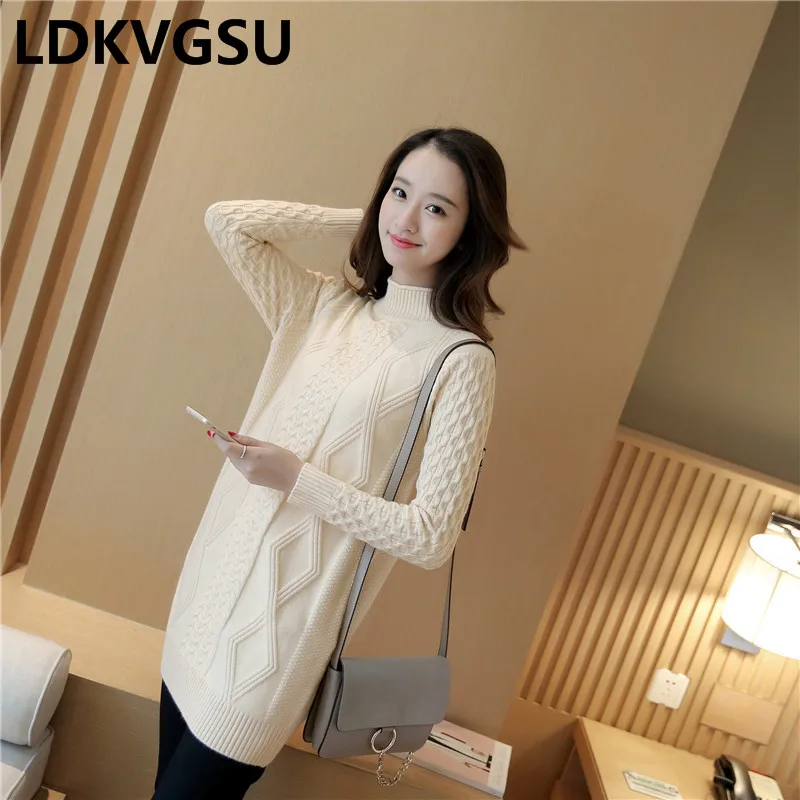 2018 Autumn Winter New Women Warm Sweater Dress Pure Color Half High Collar Twist Loose Knitted Female Is619  Женская