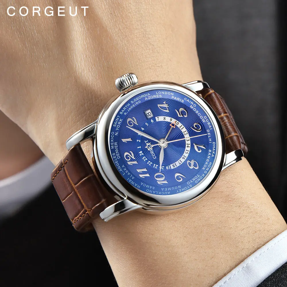 43 мм Corgeut Роскошные брендовые механические часы с кожаным верхом и двумя часовыми