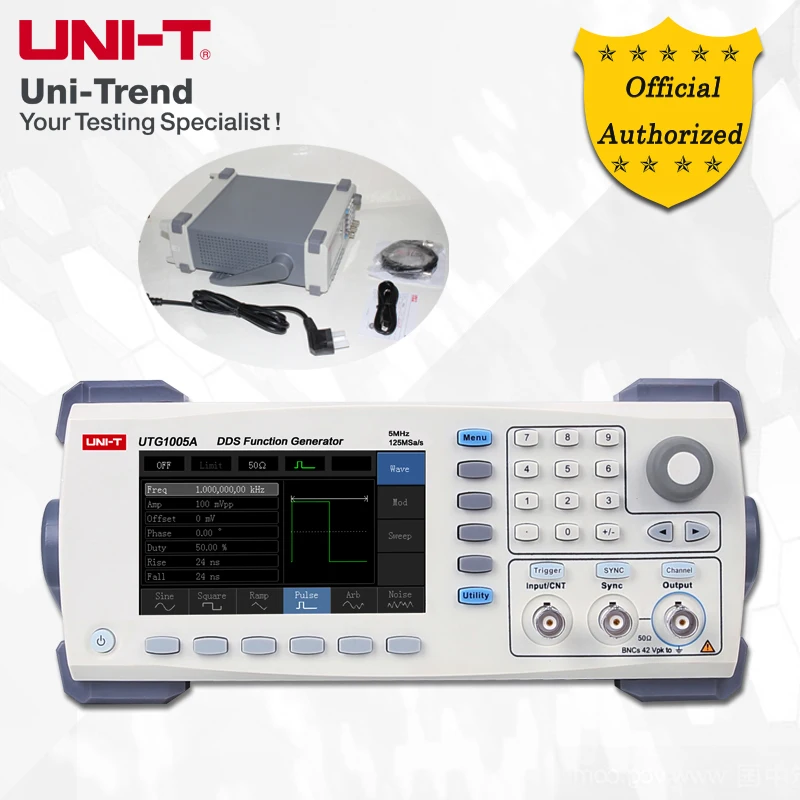 

UNI-T UTG1005A функция/генератор сигналов произвольной формы; 5 МГц полоса пропускания канала, 125 мс/с частота дискретизации, USB связь