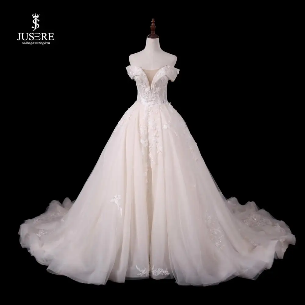 JUSERE vestido de noiva, свадебное платье цвета слоновой кости,, Кружевная аппликация, ручная работа, расшитая бисером, с открытыми плечами, со шлейфом, свадебные платья с вуалью