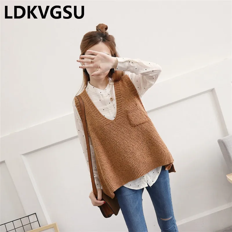 

Casual Spring Autumn Knit Vest Jacket Women New Sleeveless V-Neck Pocket Pullover Sweater Casaco Female Outside Tops Is239