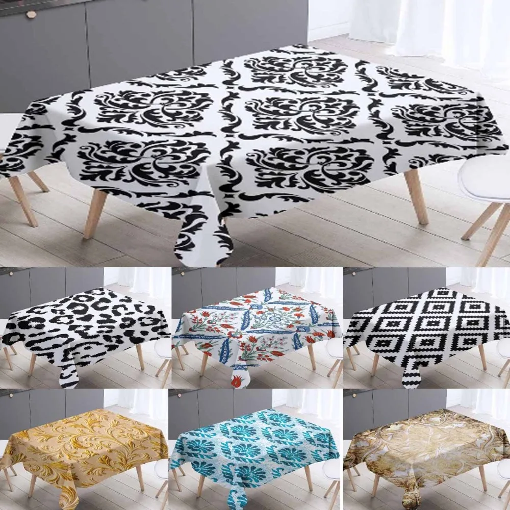 

Else Black White Damask Ottoman Vintage Tulip 3d Tablecloth Washable Dustproof Thicken Cotton Cloth Rectangul Square Table Cloth