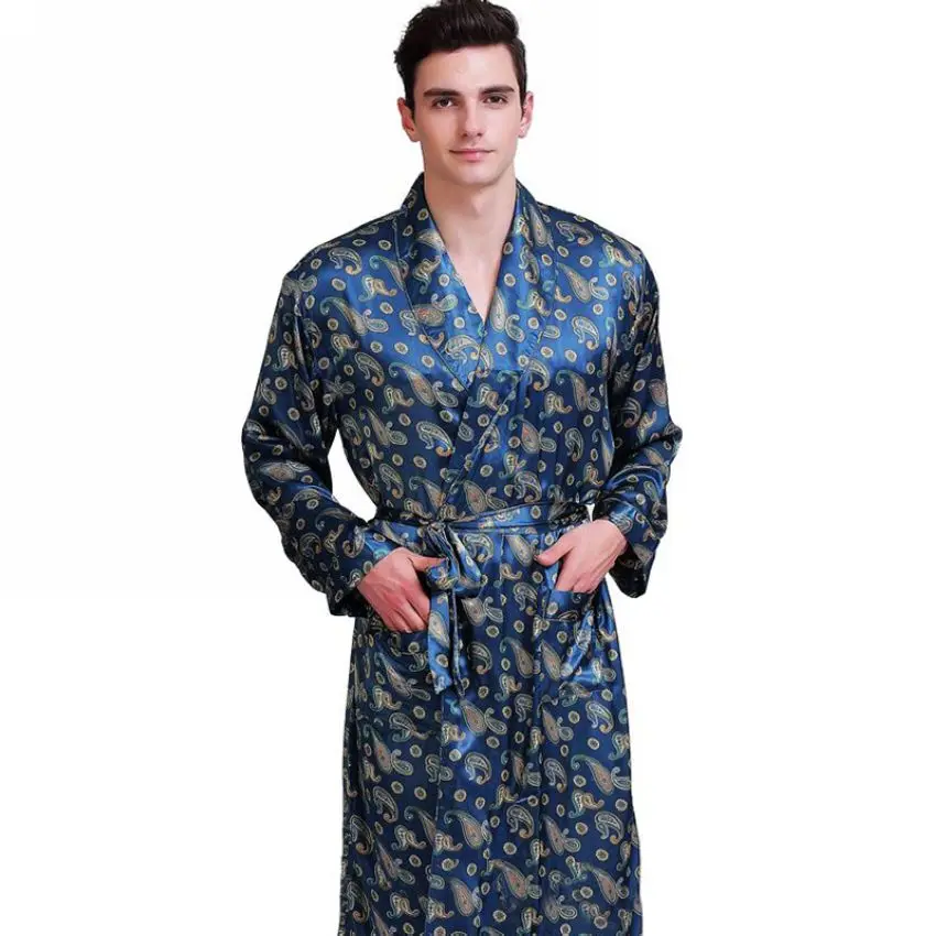 Мужские шелковые атласные халаты халат ночная рубашка пижамы S~ 3XL - Цвет: Dark   Green