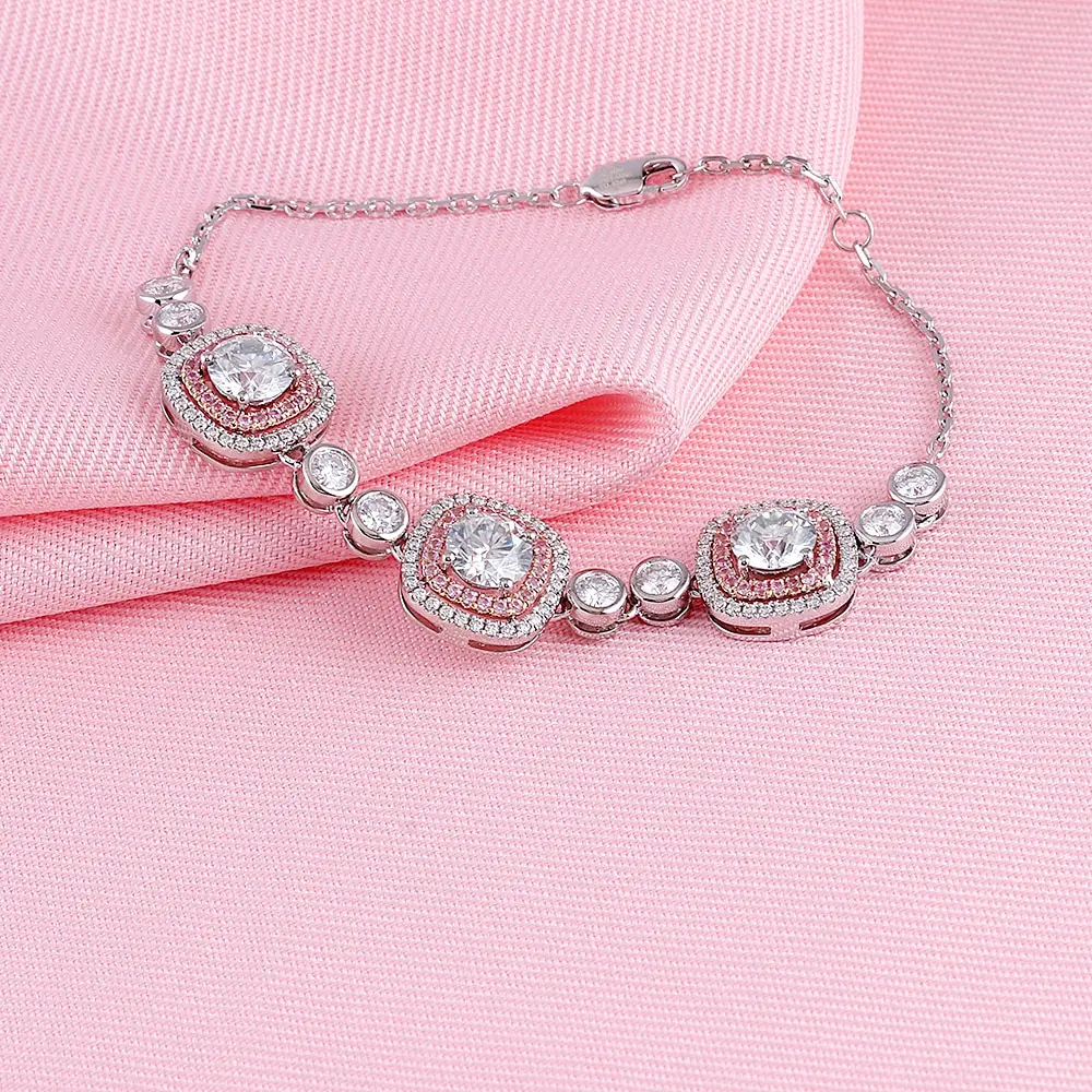 Двухцветный браслет Double Halo 14K 6 мм огранка подушки небольшой голубой Муассанит