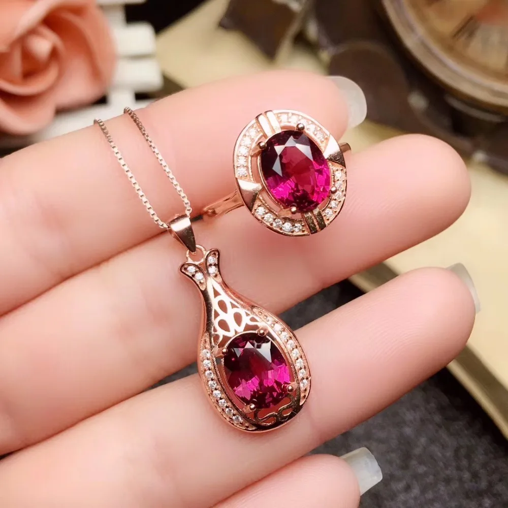 KJJEAXCMY boutique jewels 925 Silver-inlaid Natural Gem Aluminum Magnesium Garnet Ring Necklace Hanging Set Support Identificati | Украшения