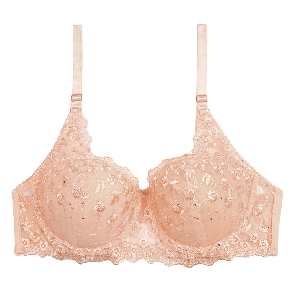 

Women Sexy Embroidery Sequins Lace Trim 3/4 Cup Push Up Underwire Breathable Bra