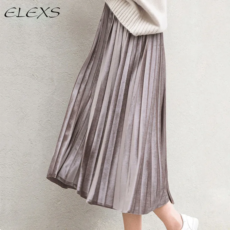 Осенняя винтажная юбка ELEXS 2017 S-6XL женская зимняя бархатная плиссированная с
