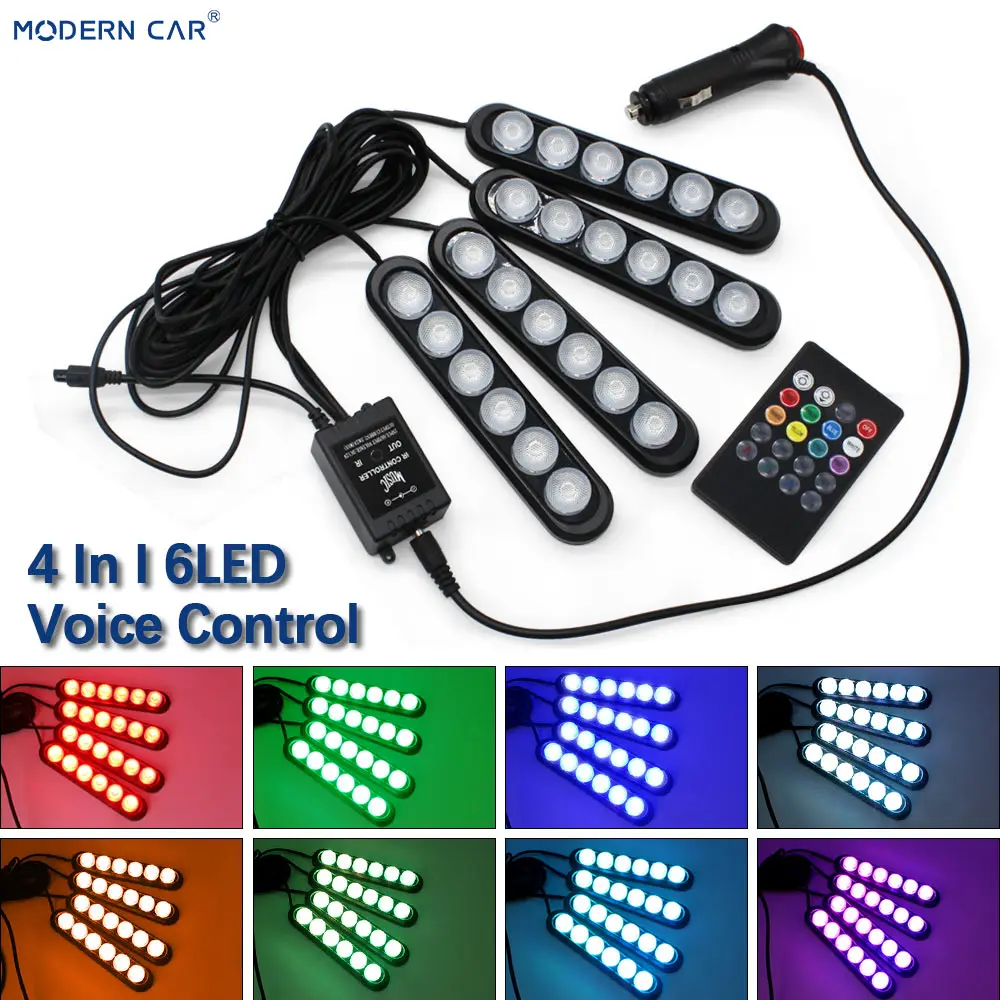 Многоцветный Современный автомобиль, Новое поступление, 4 в 1, 6 светодиодный RGB DRL автомобильный интерьерный светильник, декоративная атмосферная лампа, пульт дистанционного управления/музыка/Голосовое управление - Испускаемый цвет: Многоцветный
