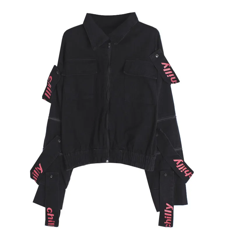 Street patchwork button applique letter zipper cutout long-sleeve loose denim turn-down collar outerwear bf | Женская одежда