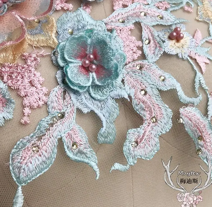 2 Pieces 33*28cm Pink Green Beaded Rhinestone Lace Applique Costume Evening Dress Clothing Accessories Pearl Trims Patches | Дом и сад