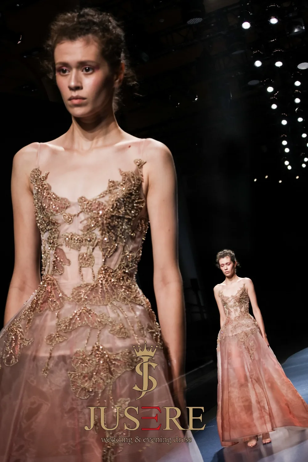 JUSERE FASHION SHOW Champagne Long Evening Dress Beaded Sleeveless See Through Floor Length Party Gown robe de soiree