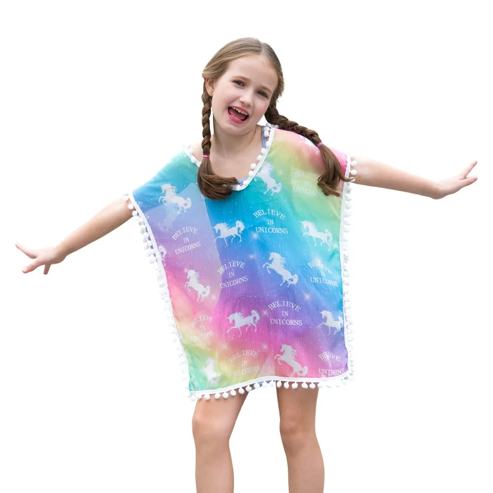 New Fashion Kid Girls Chiffon Unicorn Cover-up Rainbow Beach Swimsuit Coverup Pompom Tassel Pink White Kids Cover up | Детская одежда и