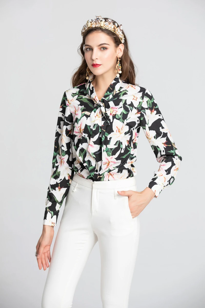 Lady Milan Women's Runway Designer Shirts Bow Collar Long Sleeves Floral Printed Fashion Casual | Женская одежда