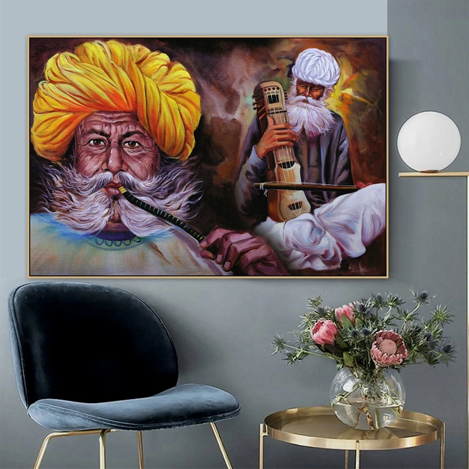 

Traditional Rajasthani Musician Indian Village Men Smoking Handmade Canvas Painting Poster Print Wall Art Picture Wall Decor