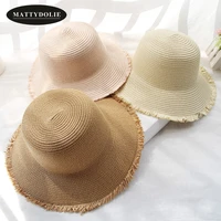 mattydolie wholesale summer straw hat solid color wide brimmed dome sun hat monochrome fringe woman hat foldable beach cap