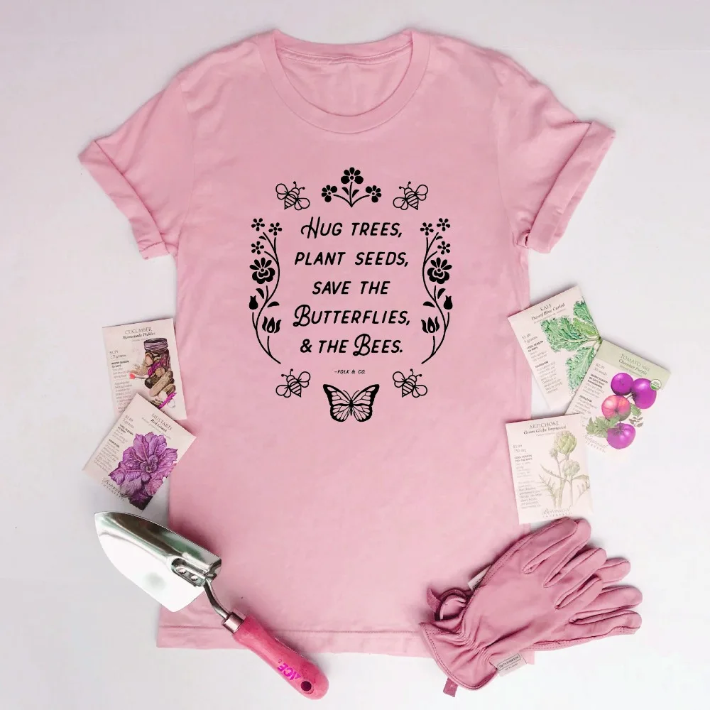 Hug деревья растения семена сохранить бабочки пчелы футболка для женщин Забавные
