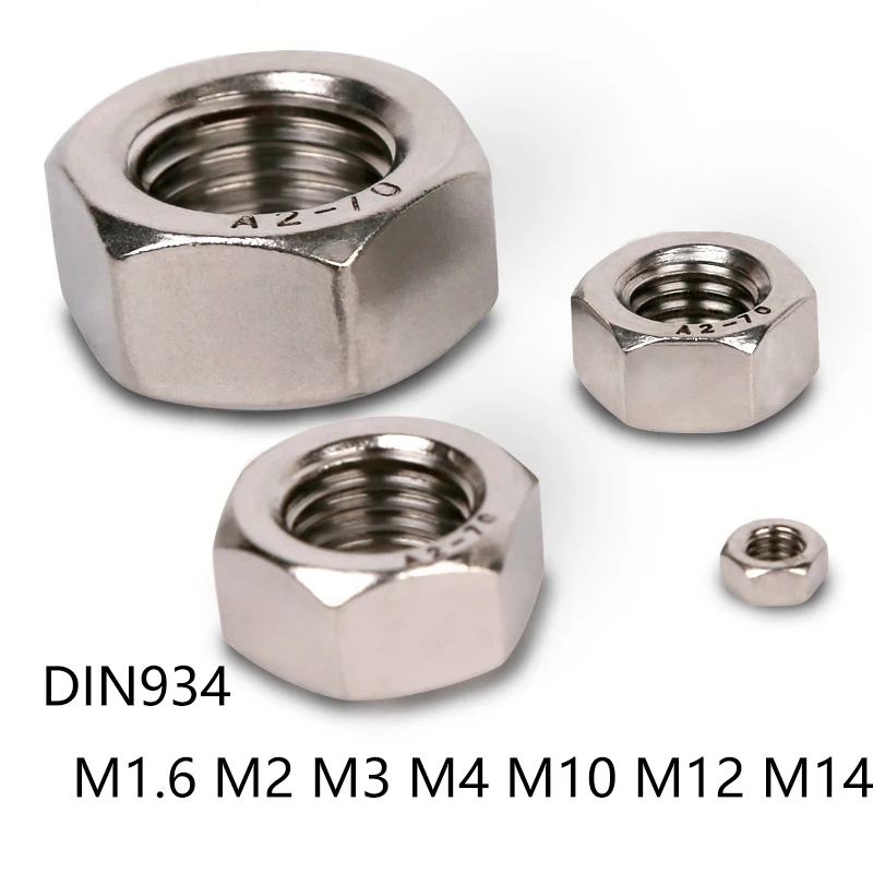 50 шт./лот DIN934 ISO4032 M1.6 M2 M3 M4 M5 m6 m8 m10 m12 M14 Шестигранная полная гайка 304 из нержавеющей стали шестигранная гайка с метрической резьбой