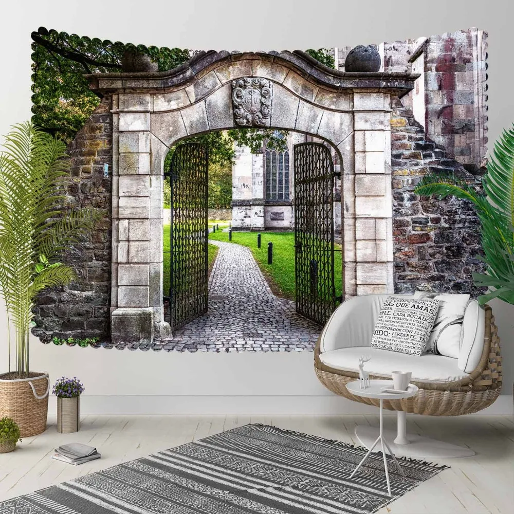 

Else Green Floral Garden Stone Wall Doors Vintage 3D Print Decorative Hippi Bohemian Wall Hanging Landscape Tapestry Wall Art
