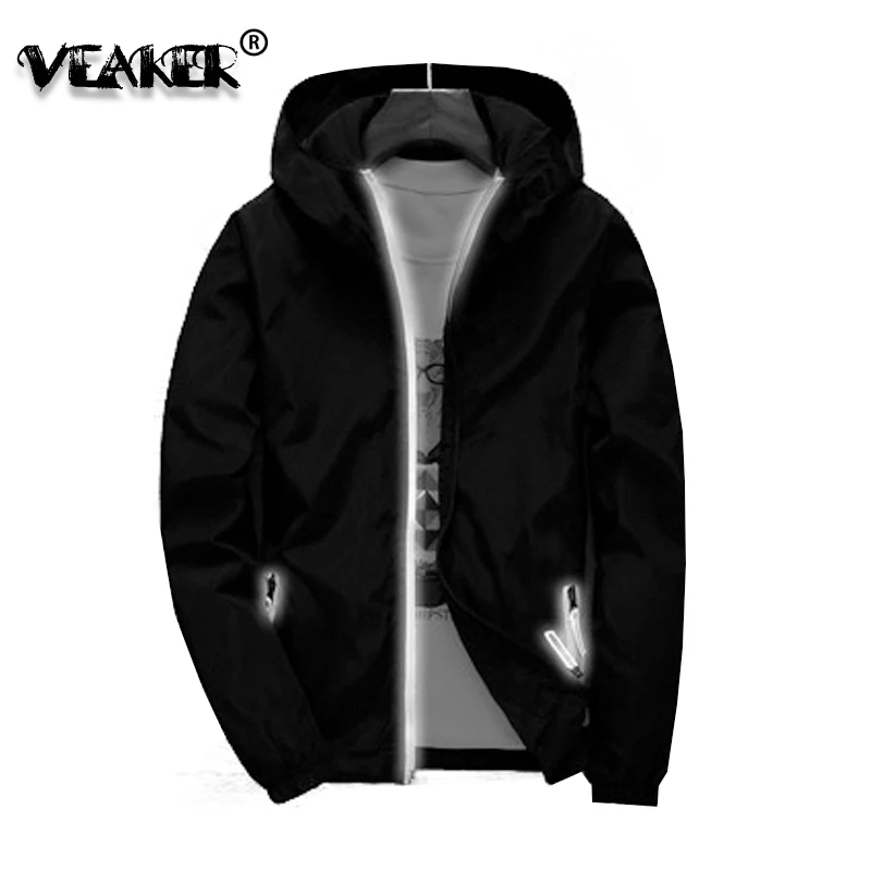 

7XL Mens Hooded Jacket Solid Color Reflective Bomber Jackets Slim Coat windbreaker Casual Sportswear Jaqueta Masculina Autumn