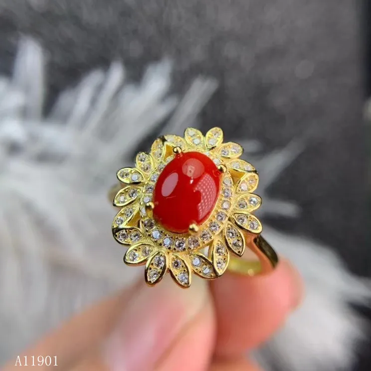 KJJEAXCMY boutique jewelry 925 Silver-inlaid Natural Red Coral Ruby Girl Ring Support Detection