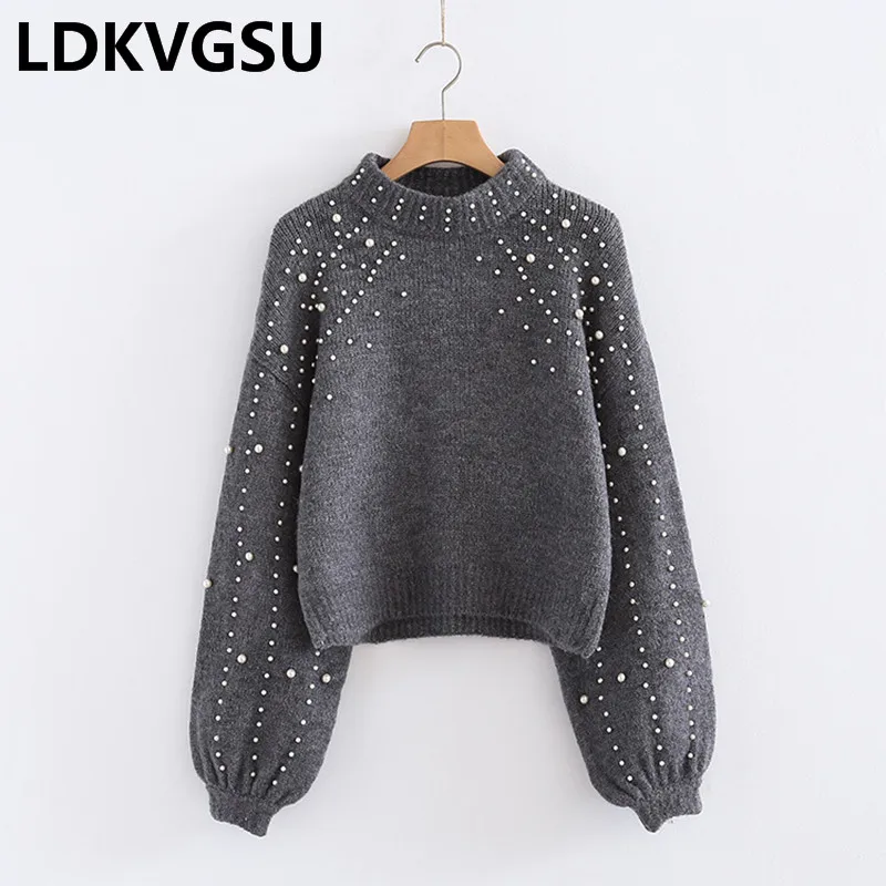 

Женский вязаный пуловер в рубчик с жемчужинами, серый пуловер с воротником-стойкой и длинными рукавами, сезон осень-зима, Is143
