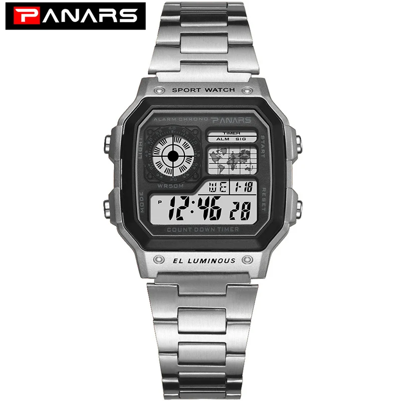 silver small size PANARS часы для мужчин Спорт Relogio Masculino цифровые часы хронограф водонепроницаемые часы из нержавеющей стали бизнес наручные часы Мужские часы - Цвет: silver small size