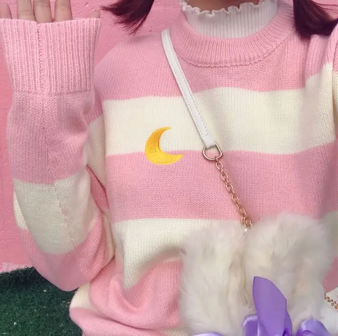 Женский свитер кавайная морская Луна вышивка Harajuku полосатый круглый вырез карамельных цветов длинный рукав вязаный свитер Ulzzang