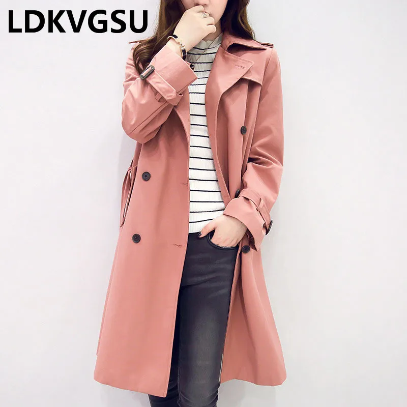 

Pink Long Windbreaker Female 2018 Spring Autumn New England Style Double-Breasted Belt Waist Casual Large Size Trench Coat Is807