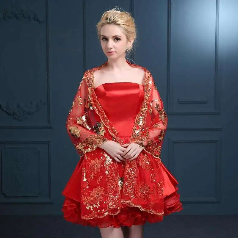 Red Bridal Wraps Lace Sequins Embroidery Wedding Belero Women Dresses Accessories Free Shipping Long Cape | Свадьбы и торжества