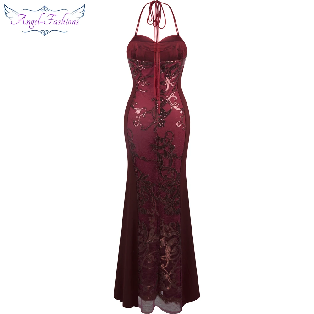 Angel-Fashion женское длинное вечернее платье с лямкой через шею лентами пайетками и