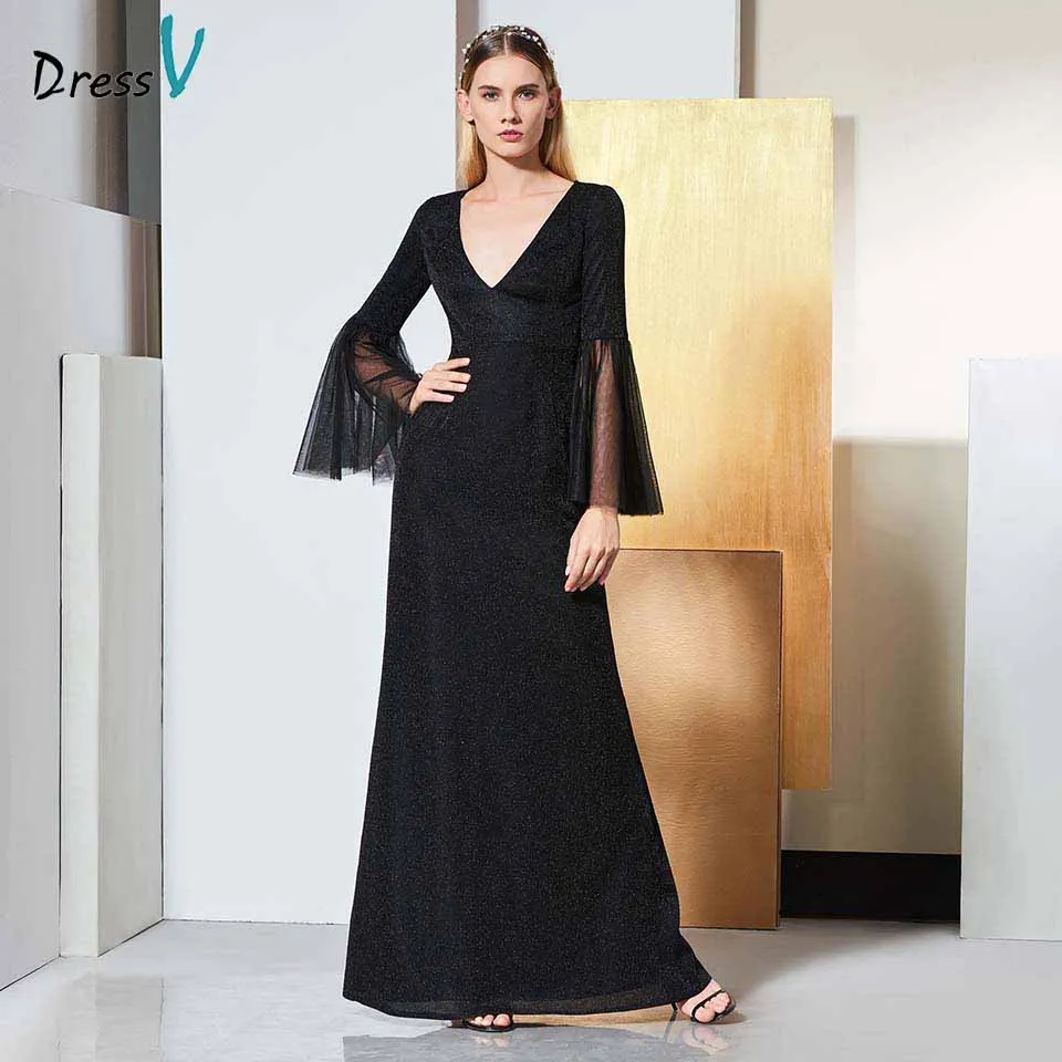 Черное платье с длинным рукавом Dressv вечернее А силуэта на молнии длина до пола