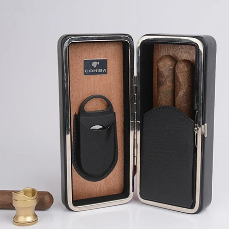 Black COHIBA дорожный портсигар чехол Змеиный узор кожа Дерево кедра с подкладкой сигары держатель Мини-хьюмидор с резаком - Цвет: Black