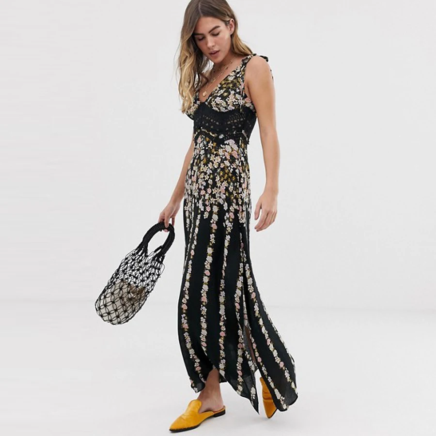 Женское платье с цветочным принтом кружевом и v-образным вырезом | Женская одежда