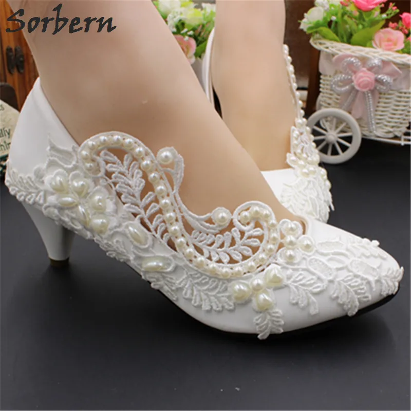 

Sorbern White Lace Wedding Shoes Kitten Heels 5Cm Ladies Pumps For Bridesmaid Girls 8Cm/3Cm Pump Med Heel Chaussure Femme Talon