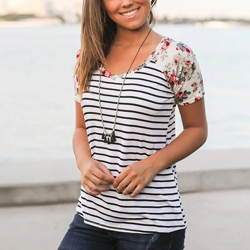 Повседневное в полоску Для женщин футболка лето 2017 г. patchwark принт короткий рукав o