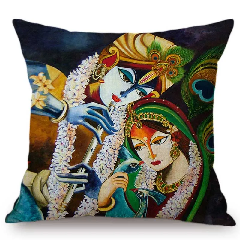 India Cultural Radha Krishna Oil Painting Valentine Day Home Decoration Sofa Throw Pillow Case Exotic Ethnic Linen Cushion Cover | Дом и сад