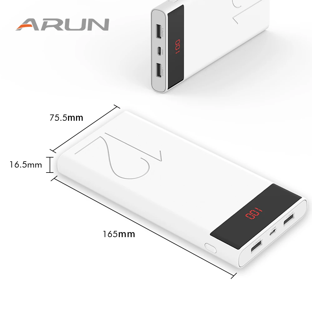 ARUN 12000 мАч Внешний аккумулятор внешний 2 USB светодиодный освещение mi ni портативное