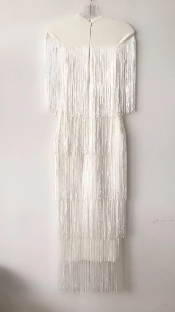Новая мода Fringe платье Для женщин кисточкой Bodycon сексуальное обвязанное Платье Лето сине-белые обнаженные знаменитости Вечерние Длинное платье A-4