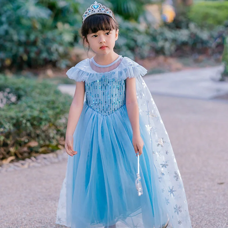 Light Blue Elsa Mesh Summer Girl Dress Cloak Performance Clothing Kid Dresses for Children's Day Fairy Princess Dressing | Детская