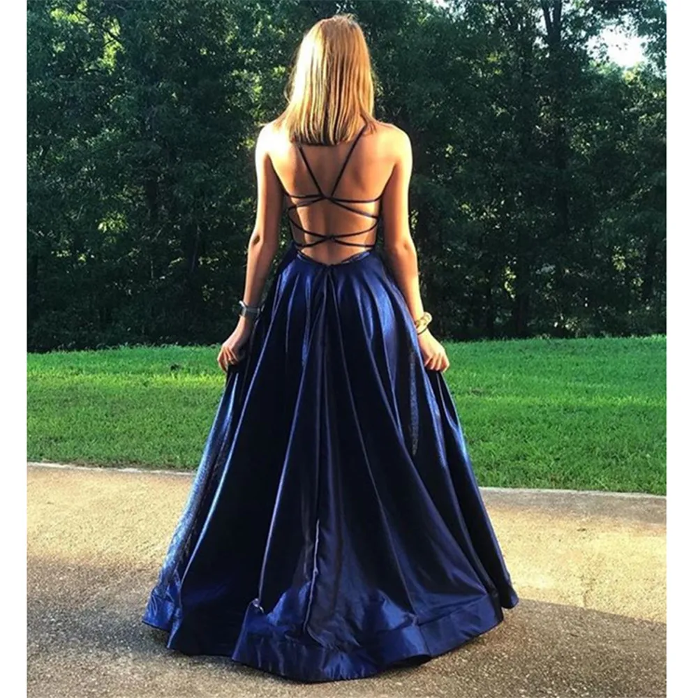YUNUO Elegant Navy Prom Dresses Satin A-line Long Party Gown Illusion Backless Evening vestidos de fiesta Dress for Formal | Свадьбы и